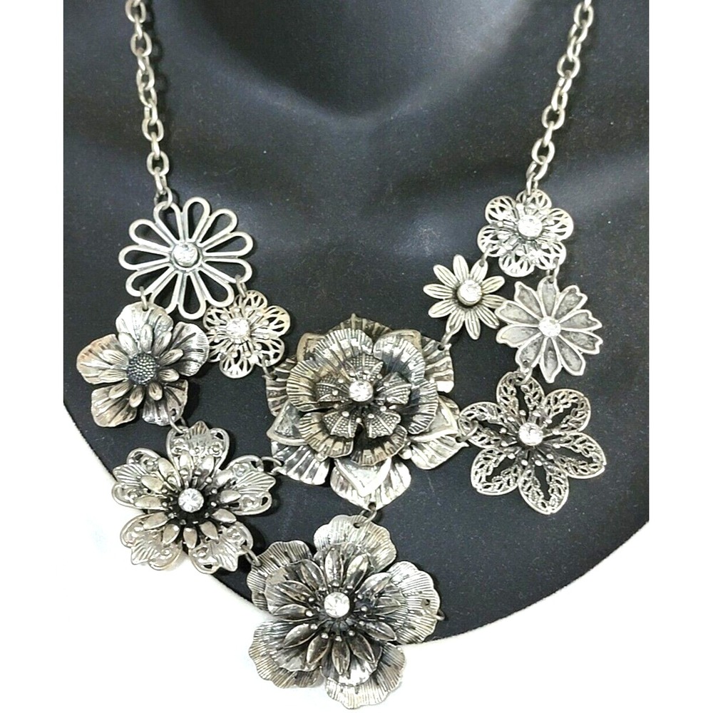 Ornate Silver-tone & Rhinestone Flowers Bib Drop Necklace, Adjustable Statement